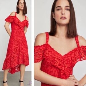 BCBG Maxazria Midi Dress Women’s Med Red Lace Off Shoulder Romantic Feminine